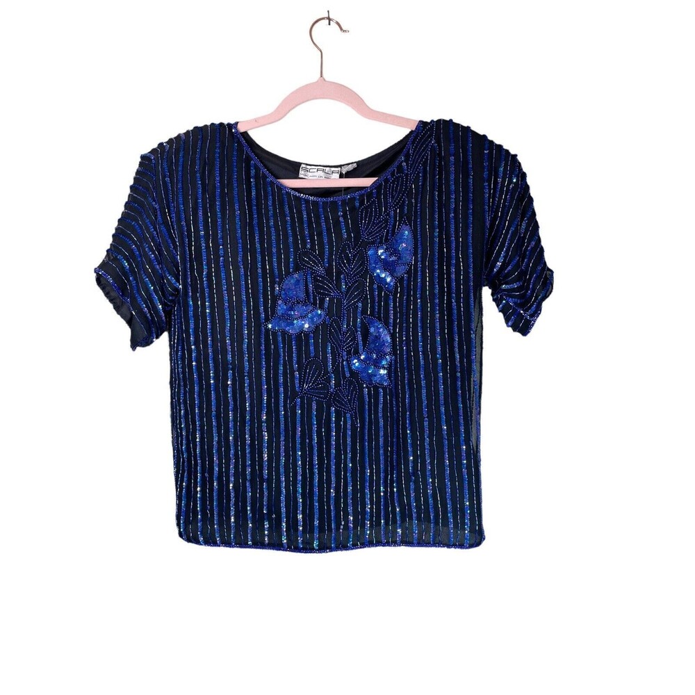 Vintage Scala Sequin Beaded Blouse‎ Blue Y2K Millennial Size Small Floral Leaf